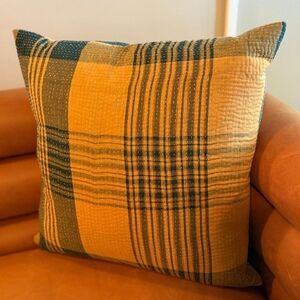 NWT Vintage One Of A Kind Sari Kantha Pillow-18in Yellow and Teal Plaid
